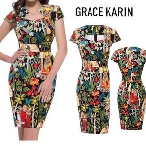 Grace Karin NWT Frida Tropical Floral Print Pin Up 50s Retro Modo Dress 2XL